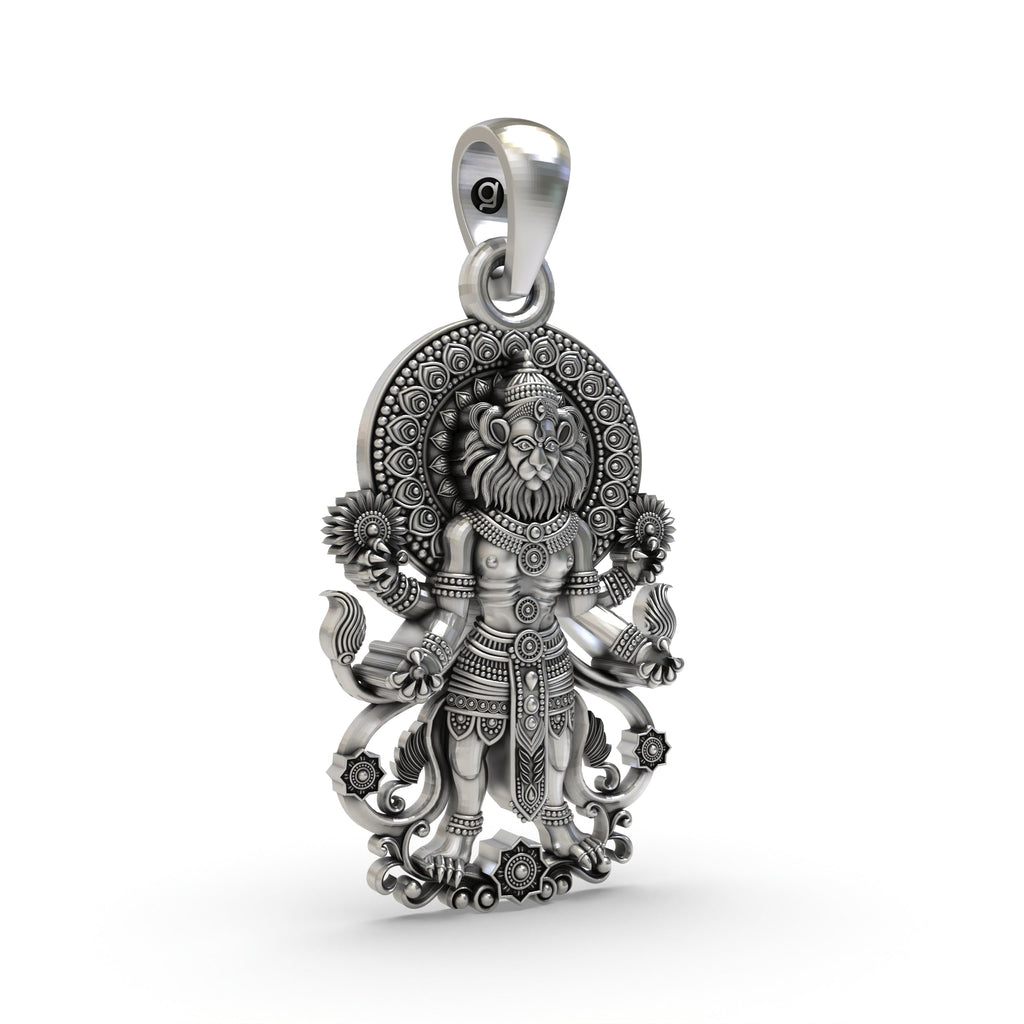Angled side view of the 925 sterling silver Narasimha pendant, showcasing its dimensions and spiritual design.