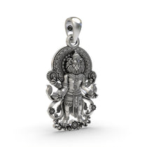 Angled side view of the 925 sterling silver Narasimha pendant, showcasing its dimensions and spiritual design.