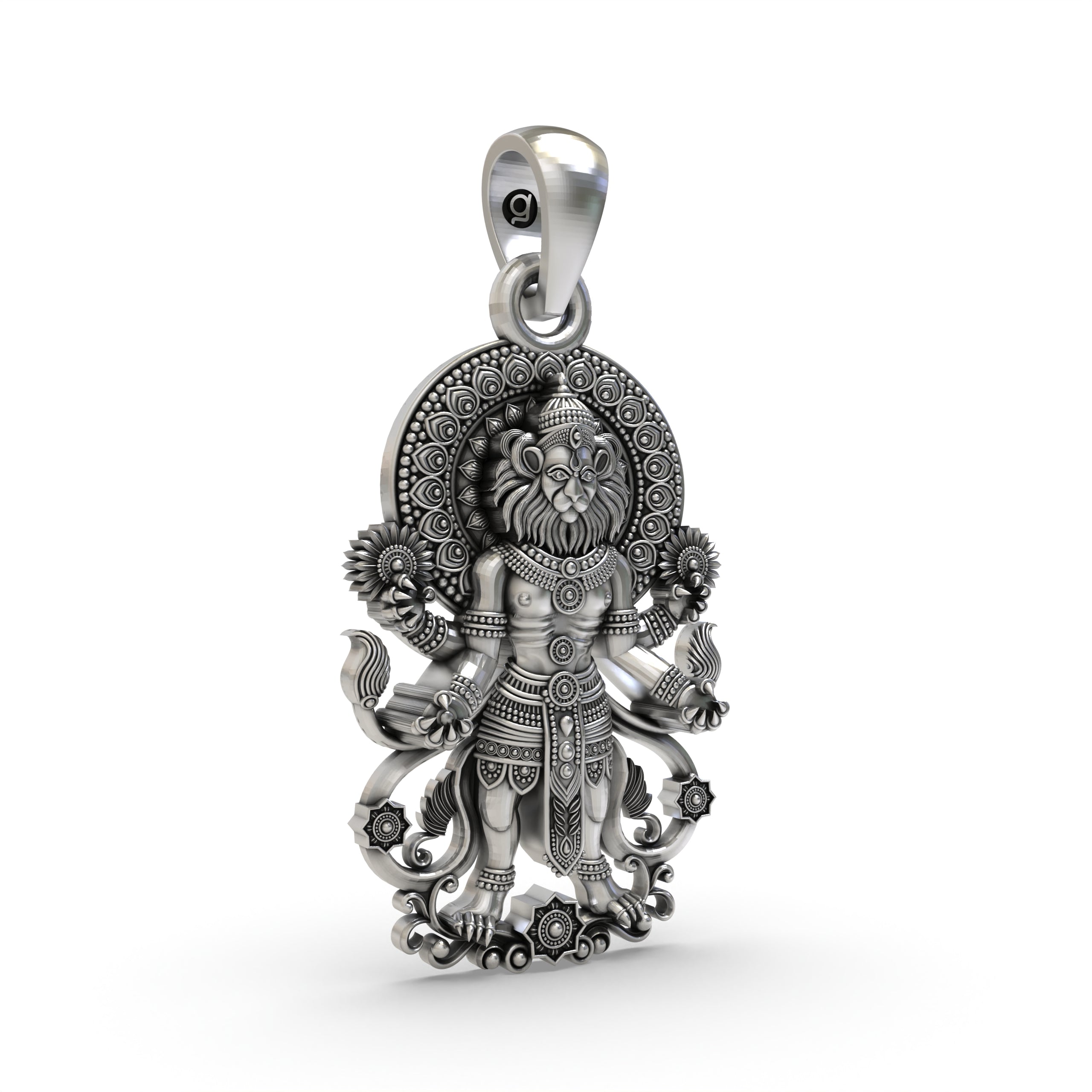 Angled side view of the 925 sterling silver Narasimha pendant, showcasing its dimensions and spiritual design.