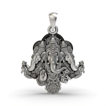 Front view of the handcrafted Trimukhi Ganesha pendant in 925 sterling silver with detailed temple-style artistry.