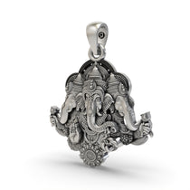 An angled side profile of the three-faced Ganapati pendant, highlighting the intricate 925 sterling silver work.