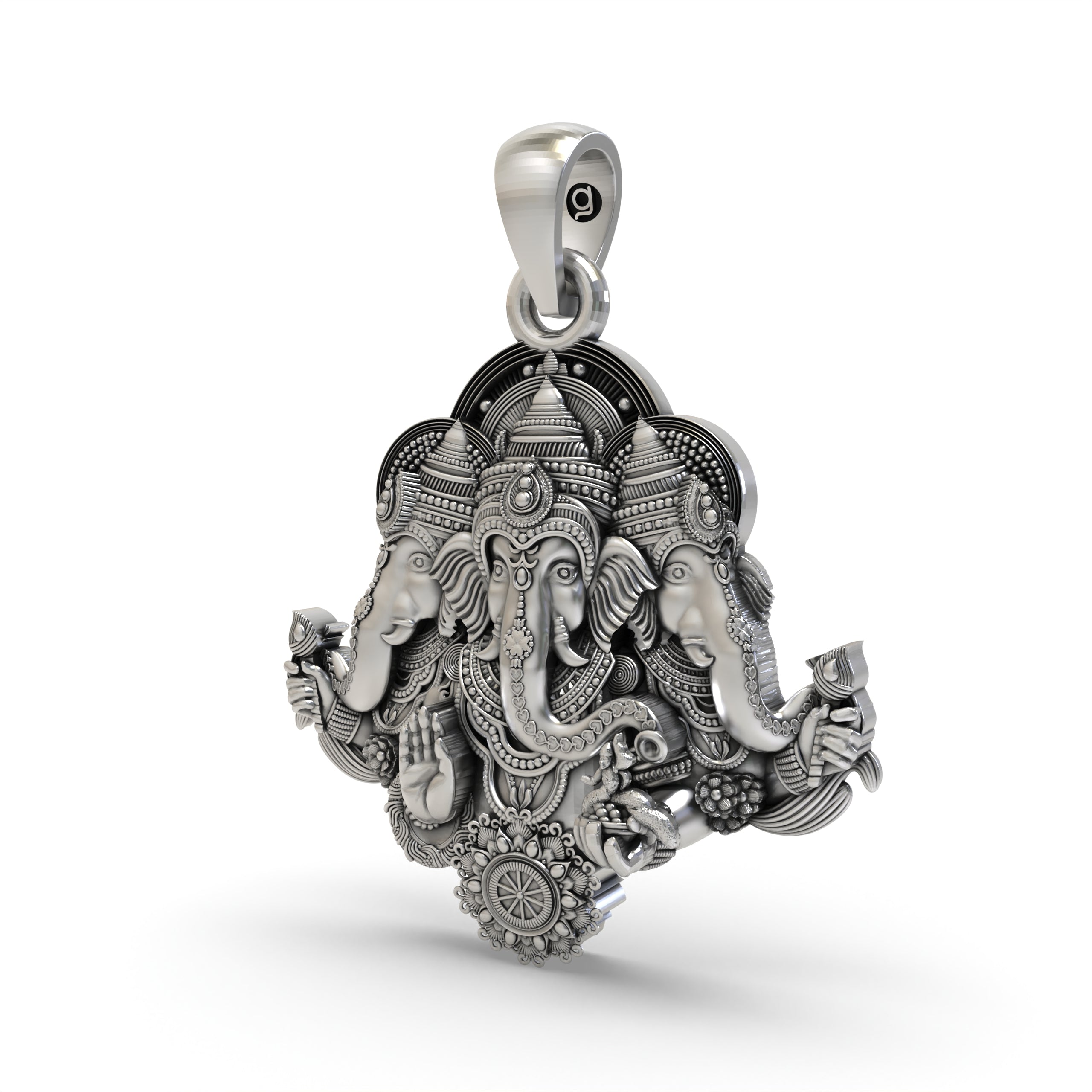An angled side profile of the three-faced Ganapati pendant, highlighting the intricate 925 sterling silver work.