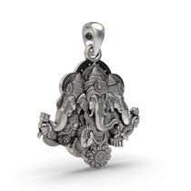 Close-up detail of the 925 silver Trimukhi Ganesha pendant, showing the antique oxidized finish on the sacred deity.