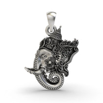 Front view of the handcrafted Lord Ganesha face pendant in 925 sterling silver with an oxidized finish.