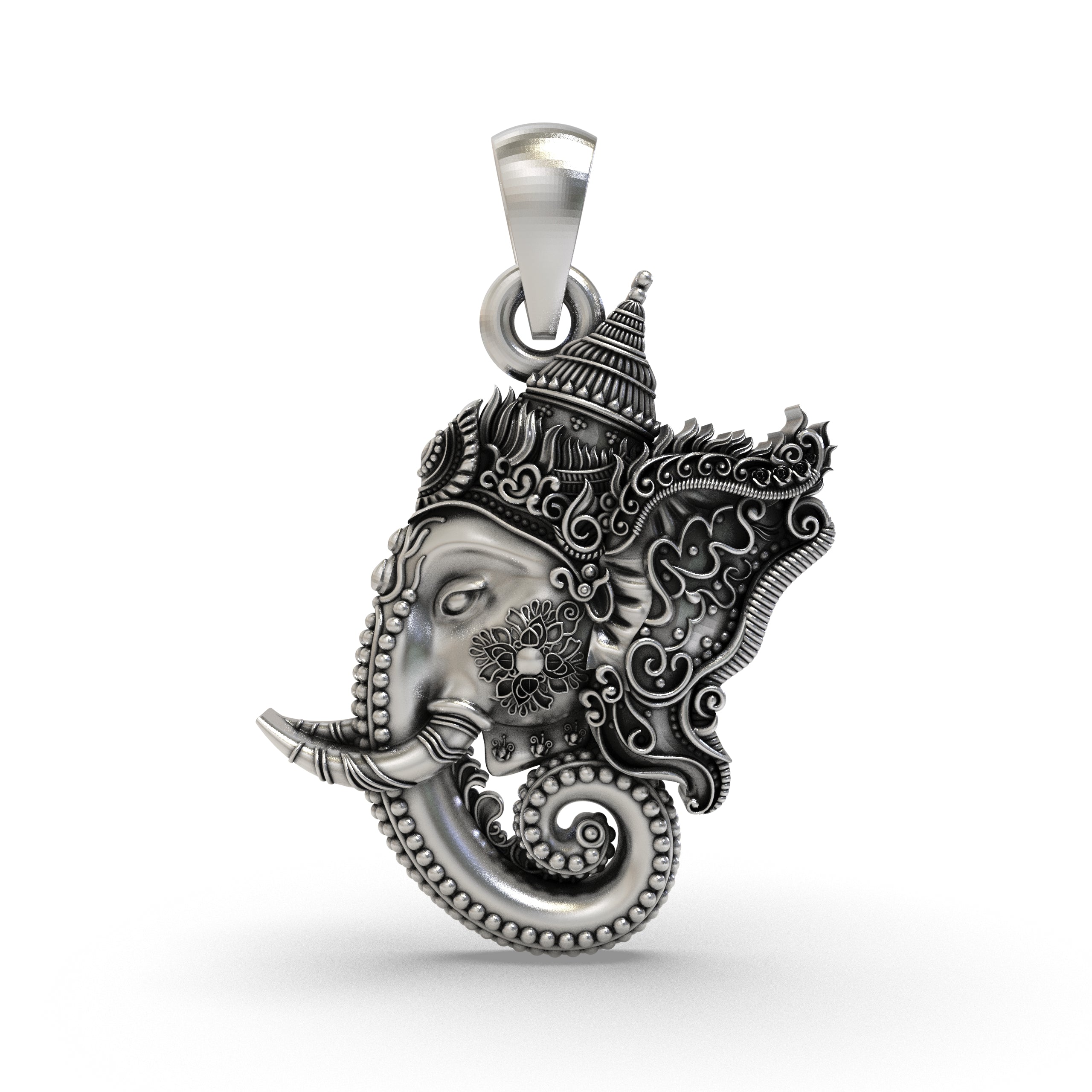 Front view of the handcrafted Lord Ganesha face pendant in 925 sterling silver with an oxidized finish.