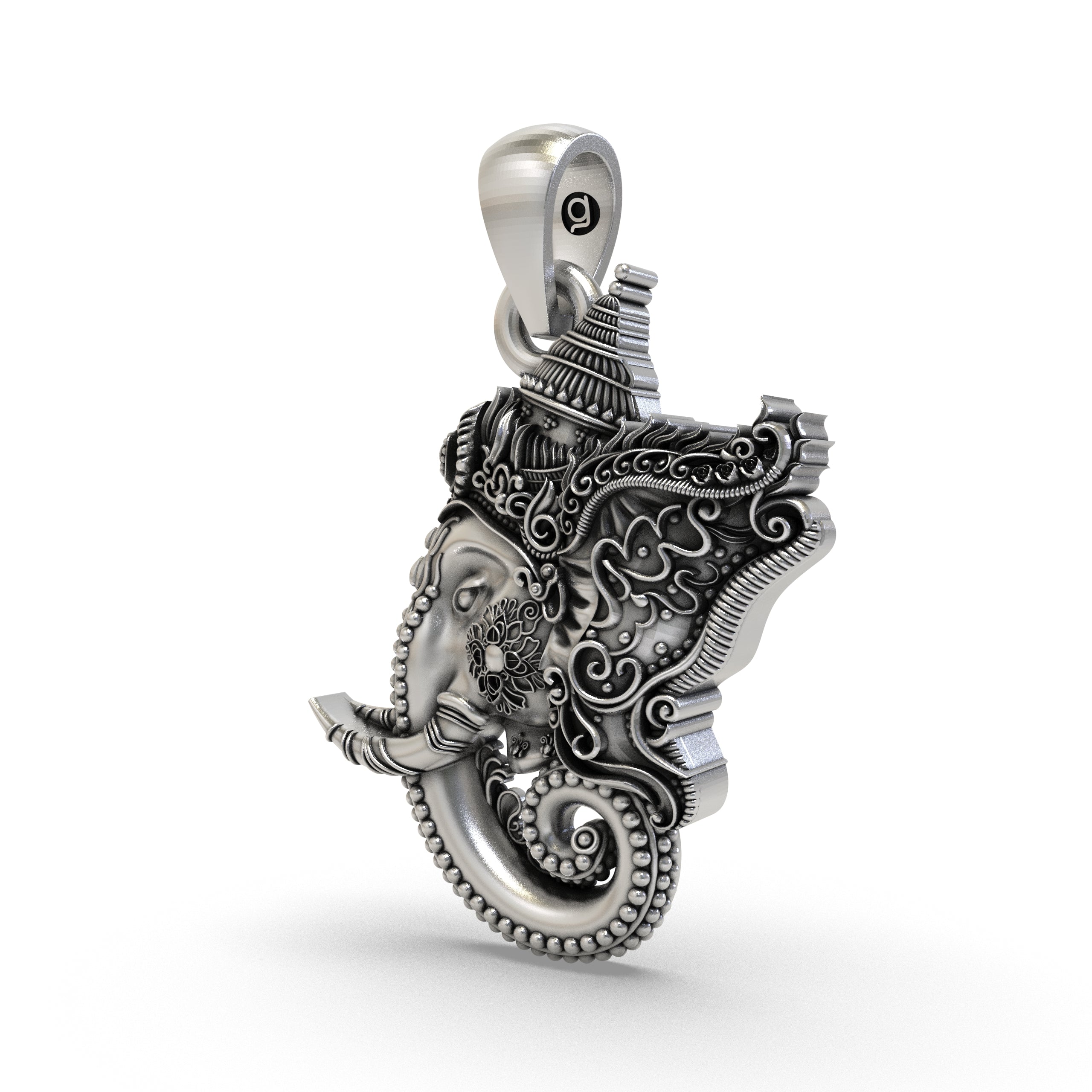 Angled view of the Ganapati silver pendant showcasing the intricate temple-style details and craftsmanship.