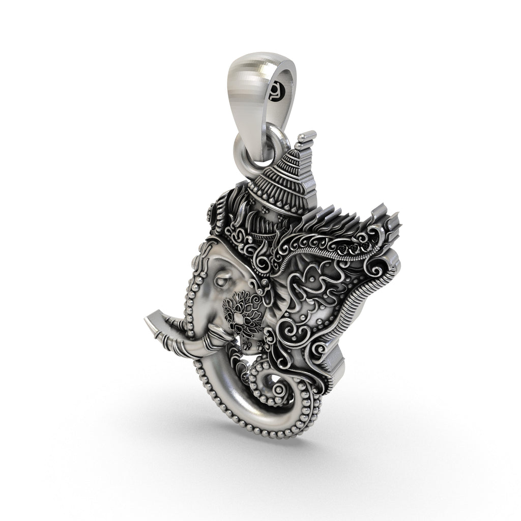 Handmade 925 sterling silver Ganesha pendant for protection, showing its fine details and devotional design.
