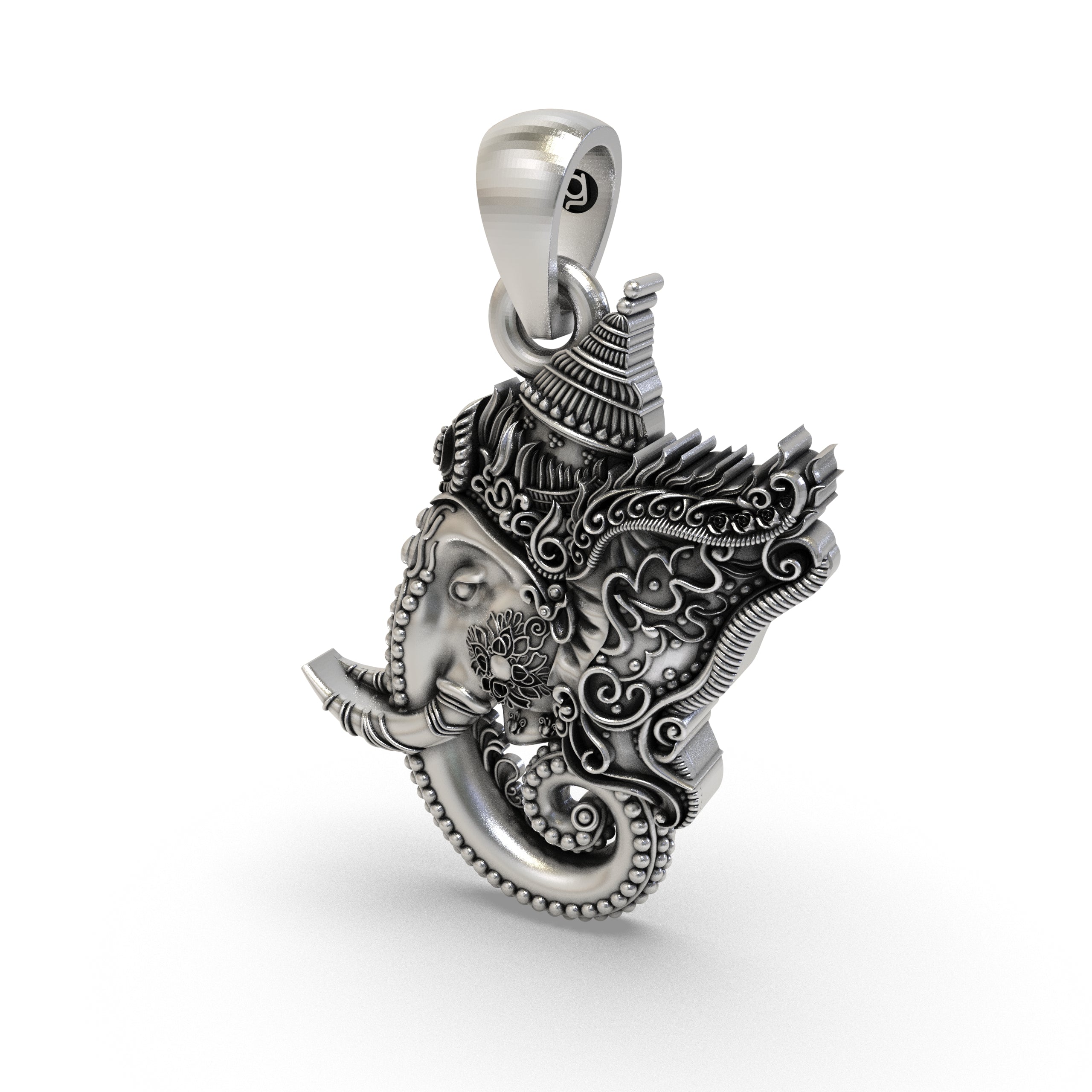 Handmade 925 sterling silver Ganesha pendant for protection, showing its fine details and devotional design.