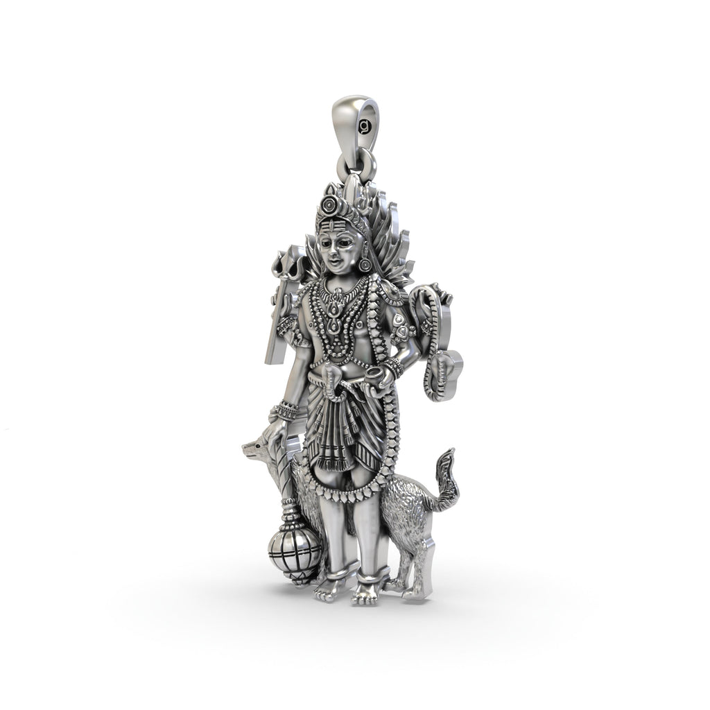 Close-up of the silver Kala Bhairav pendant highlighting the Trishul, Damaru, and dog vahana.