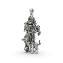 Close-up of the silver Kala Bhairav pendant highlighting the Trishul, Damaru, and dog vahana.