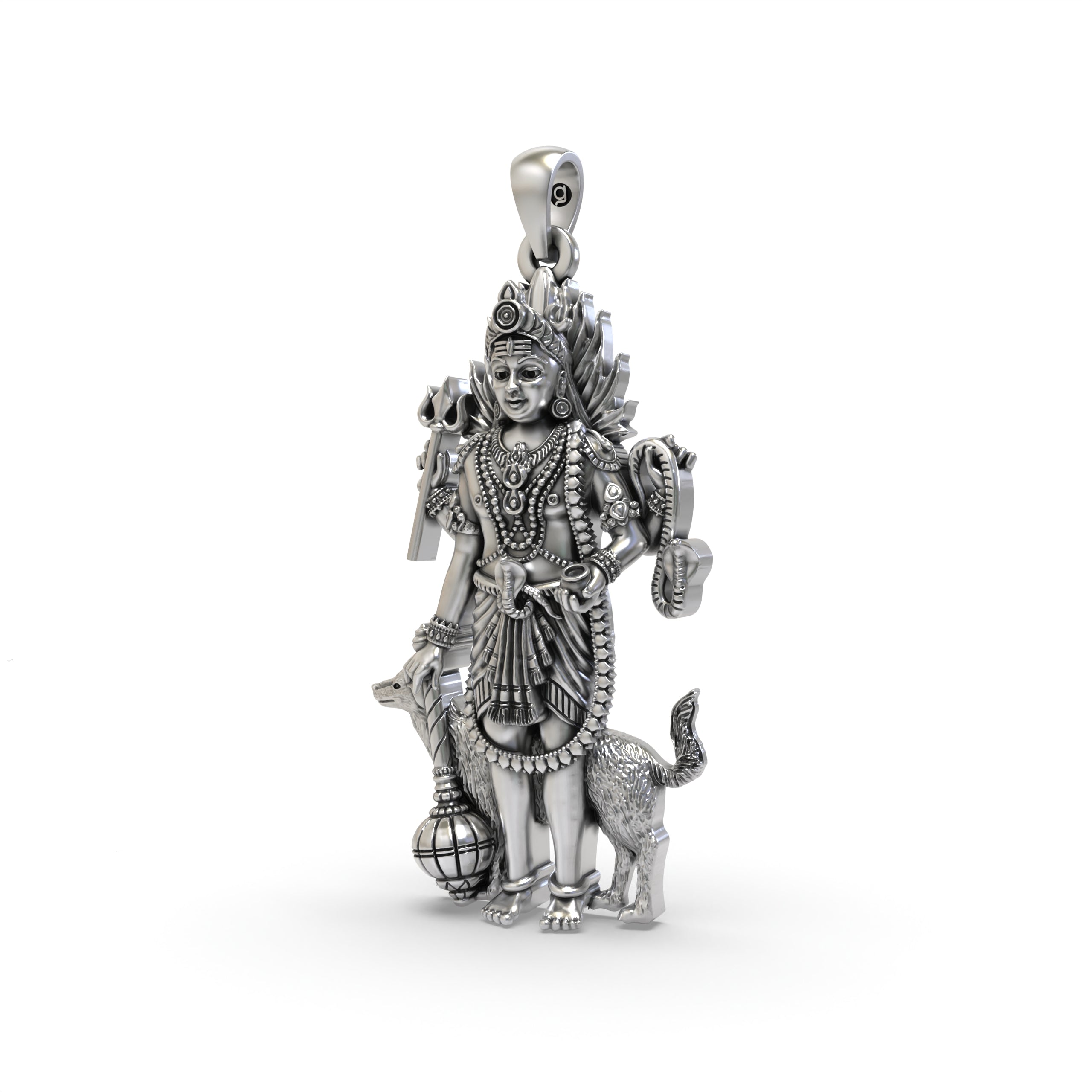 Close-up of the silver Kala Bhairav pendant highlighting the Trishul, Damaru, and dog vahana.