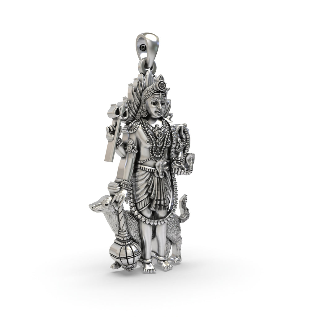 Side angle of the handcrafted 925 silver Lord Bhairava idol pendant showing the oxidized finish.