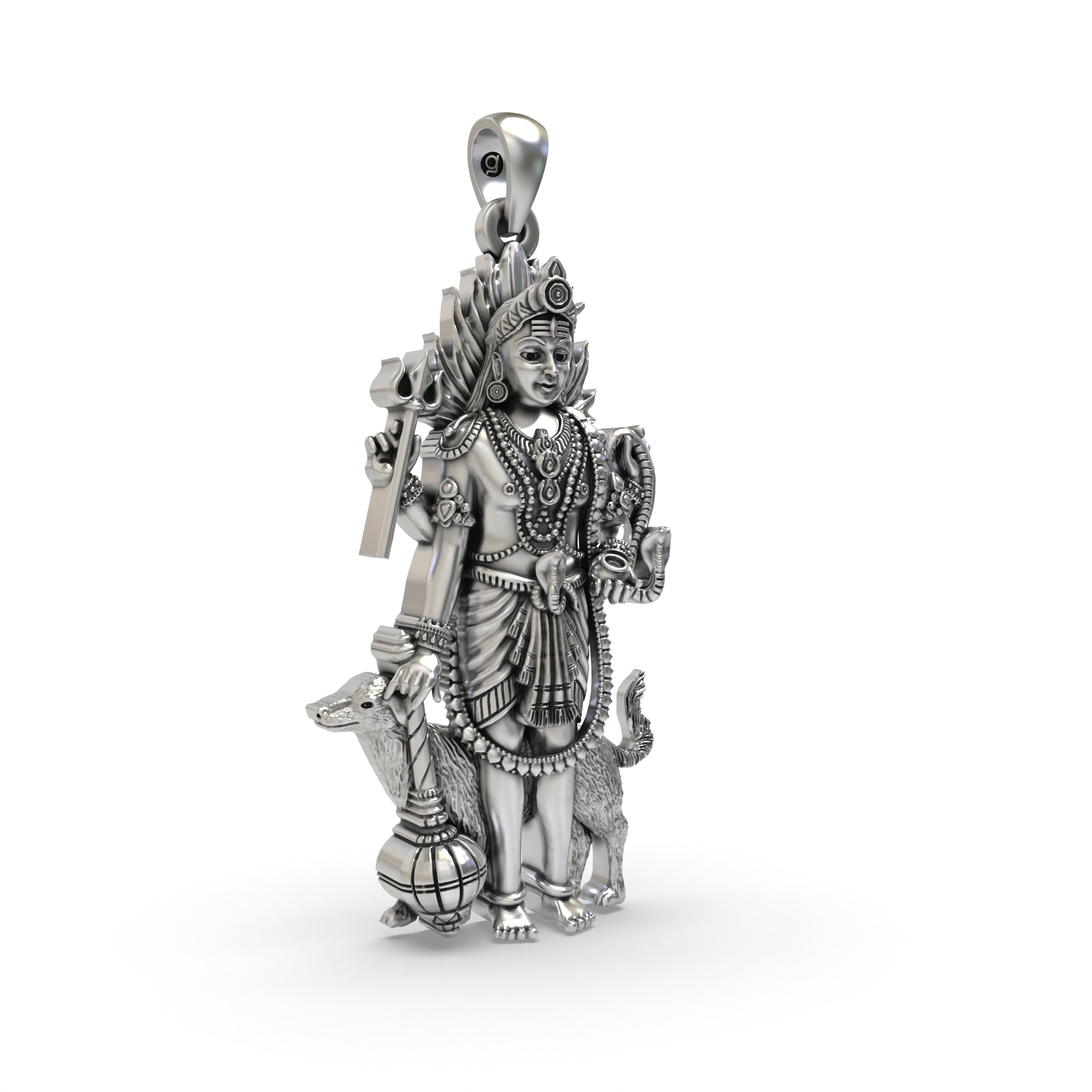 Side angle of the handcrafted 925 silver Lord Bhairava idol pendant showing the oxidized finish.