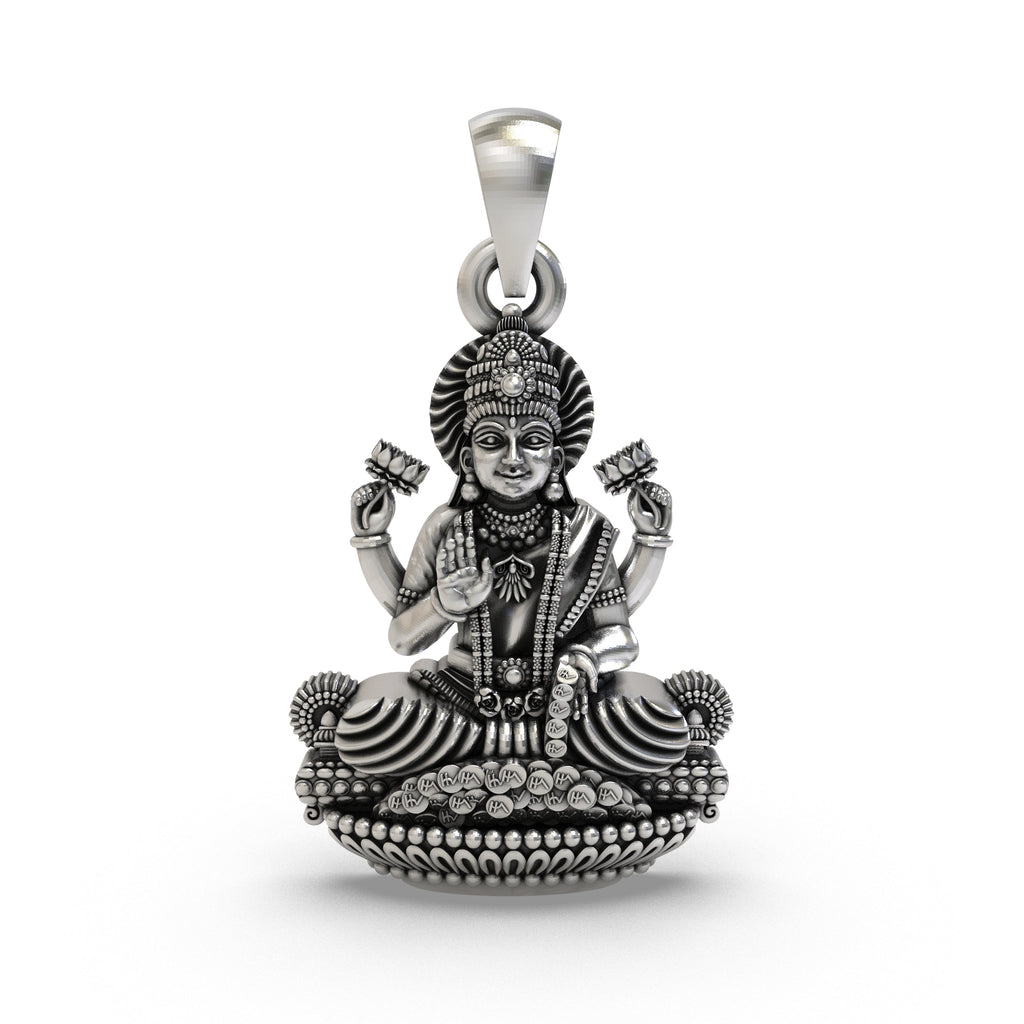 Front view of the handcrafted Lakshmi Maa pendant in 925 sterling silver, showing the goddess seated on a lotus.