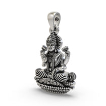 Angled side view of the 925 silver Lakshmi Maa pendant, highlighting the temple-style artistry and detailed finish.