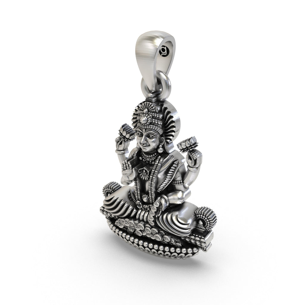Alankar's Lakshmi Maa pendant in 925 sterling silver, a spiritual Hindu charm for attracting wealth and prosperity.