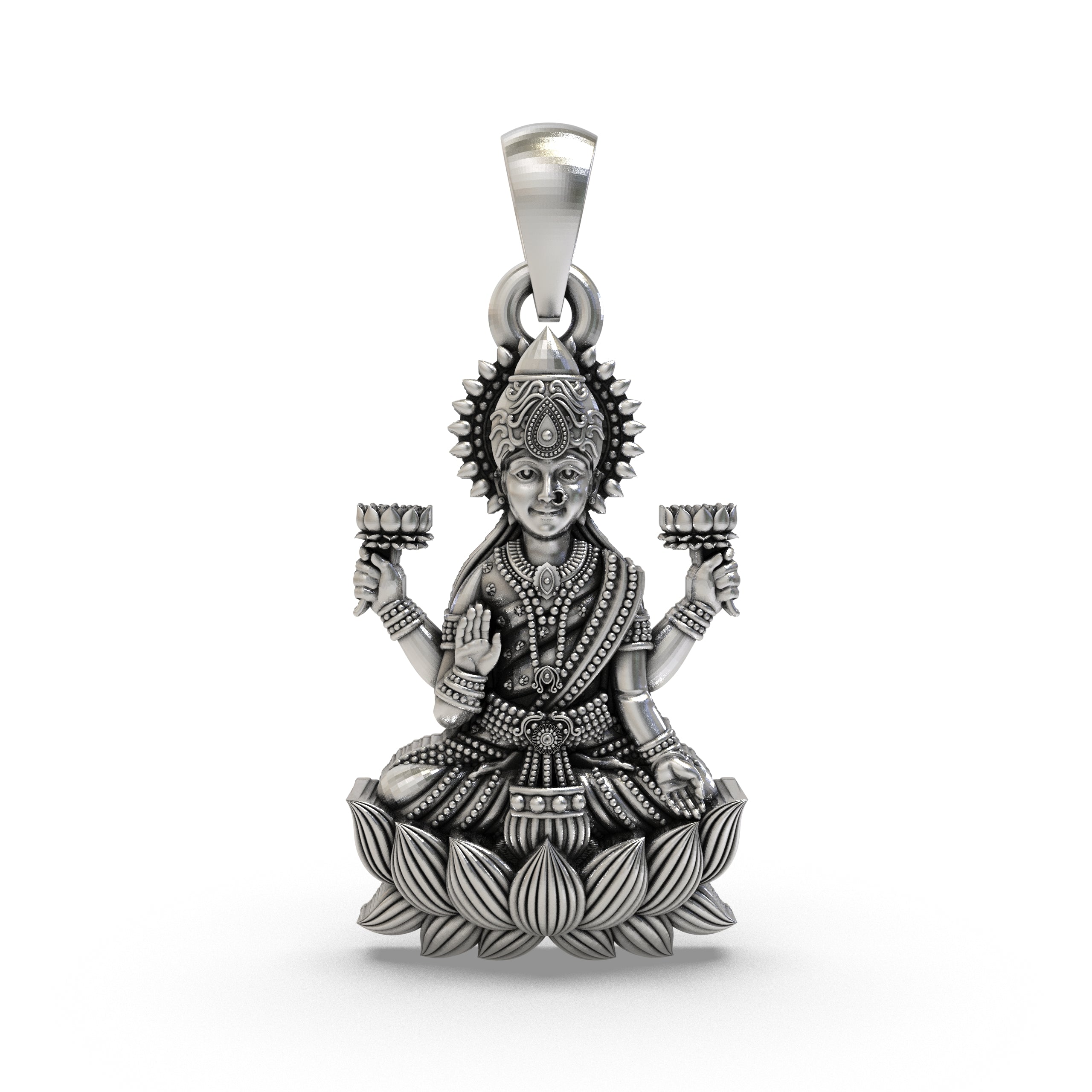 Front view of the handcrafted Lakshmi Maa pendant in 925 sterling silver, showing the goddess seated on a lotus. Main image