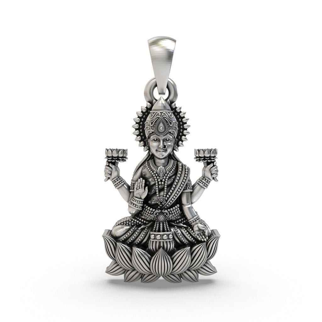 Front view of the handcrafted Lakshmi Maa pendant in 925 sterling silver, showing the goddess seated on a lotus.