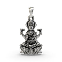 Front view of the handcrafted Lakshmi Maa pendant in 925 sterling silver, showing the goddess seated on a lotus.