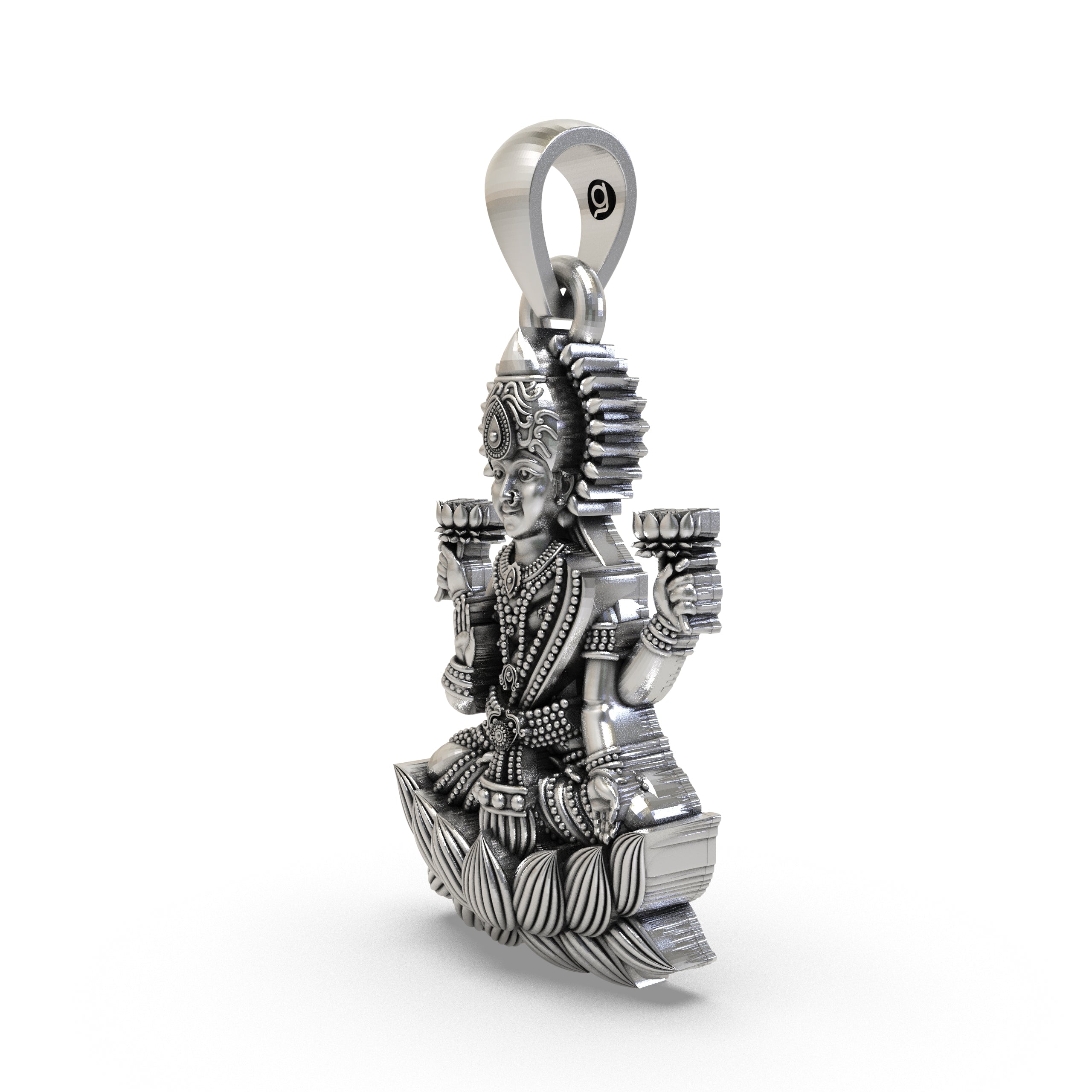 Angled shot of the 925 silver Lakshmi Maa pendant, highlighting the intricate temple-style artistry and detailing.