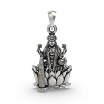 Front view of the handcrafted Lakshmi Maa pendant in 925 sterling silver, showing the Goddess on a lotus.