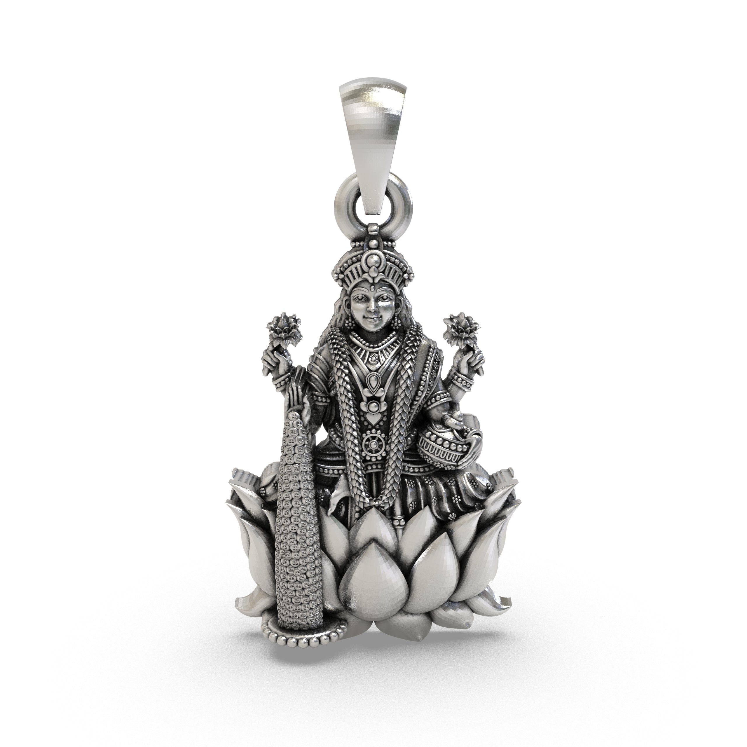 Front view of the handcrafted Lakshmi Maa pendant in 925 sterling silver, showing the Goddess on a lotus.
