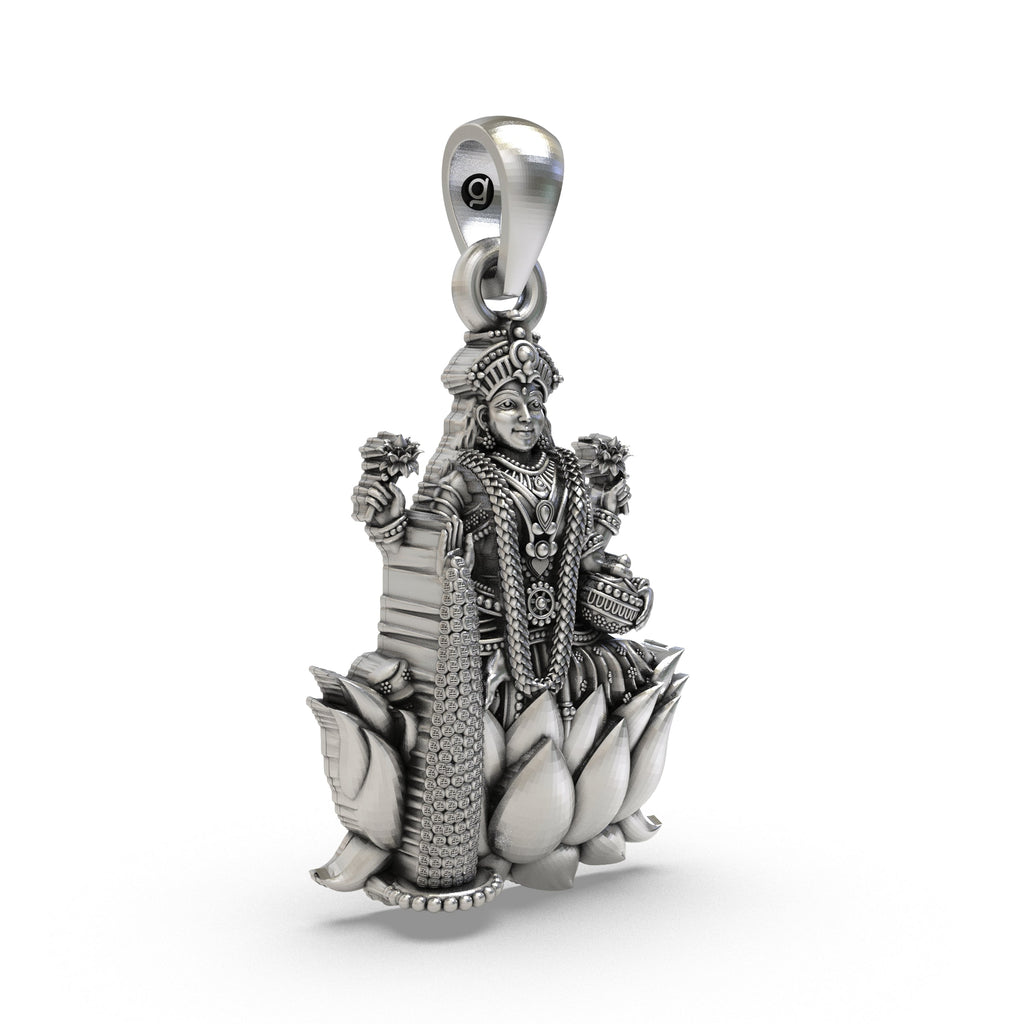 Close-up detail of the 925 silver Lakshmi Maa pendant, focusing on her face and the showering coins.