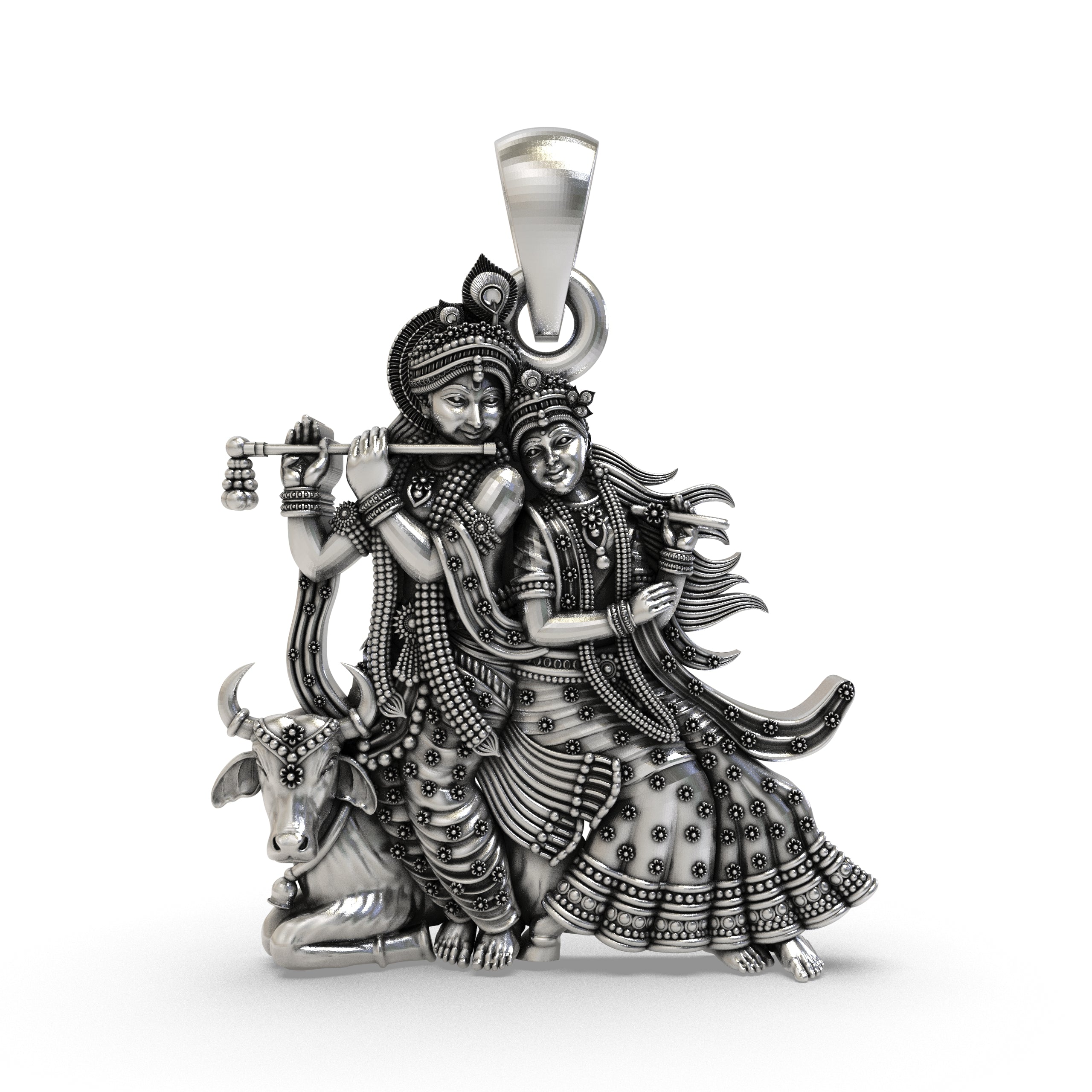 Front view of the handcrafted Radha Krishna with Cow pendant in 925 sterling silver, showing intricate details. Main image