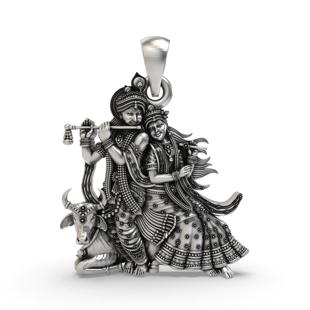 Front view of the handcrafted Radha Krishna with Cow pendant in 925 sterling silver, showing intricate details.