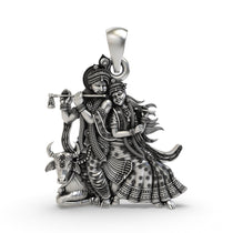 Front view of the handcrafted Radha Krishna with Cow pendant in 925 sterling silver, showing intricate details.