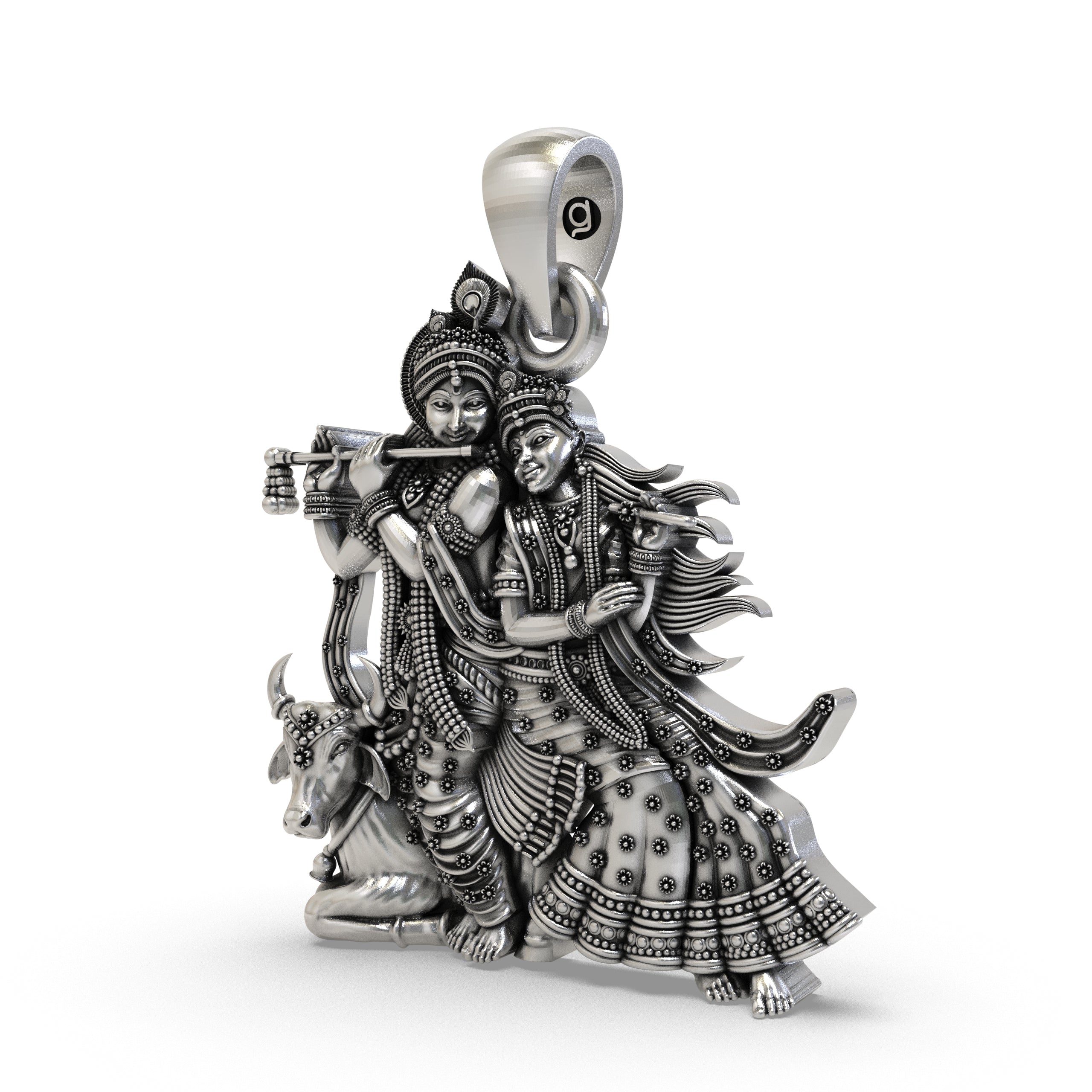 Detailed close-up of the 925 silver Radha Krishna pendant, highlighting the figures of Radha, Krishna, and the cow.