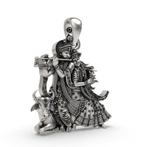 Angled side profile of the divine Radha Krishna with Cow pendant, showcasing its temple-style artistry in sterling silver.