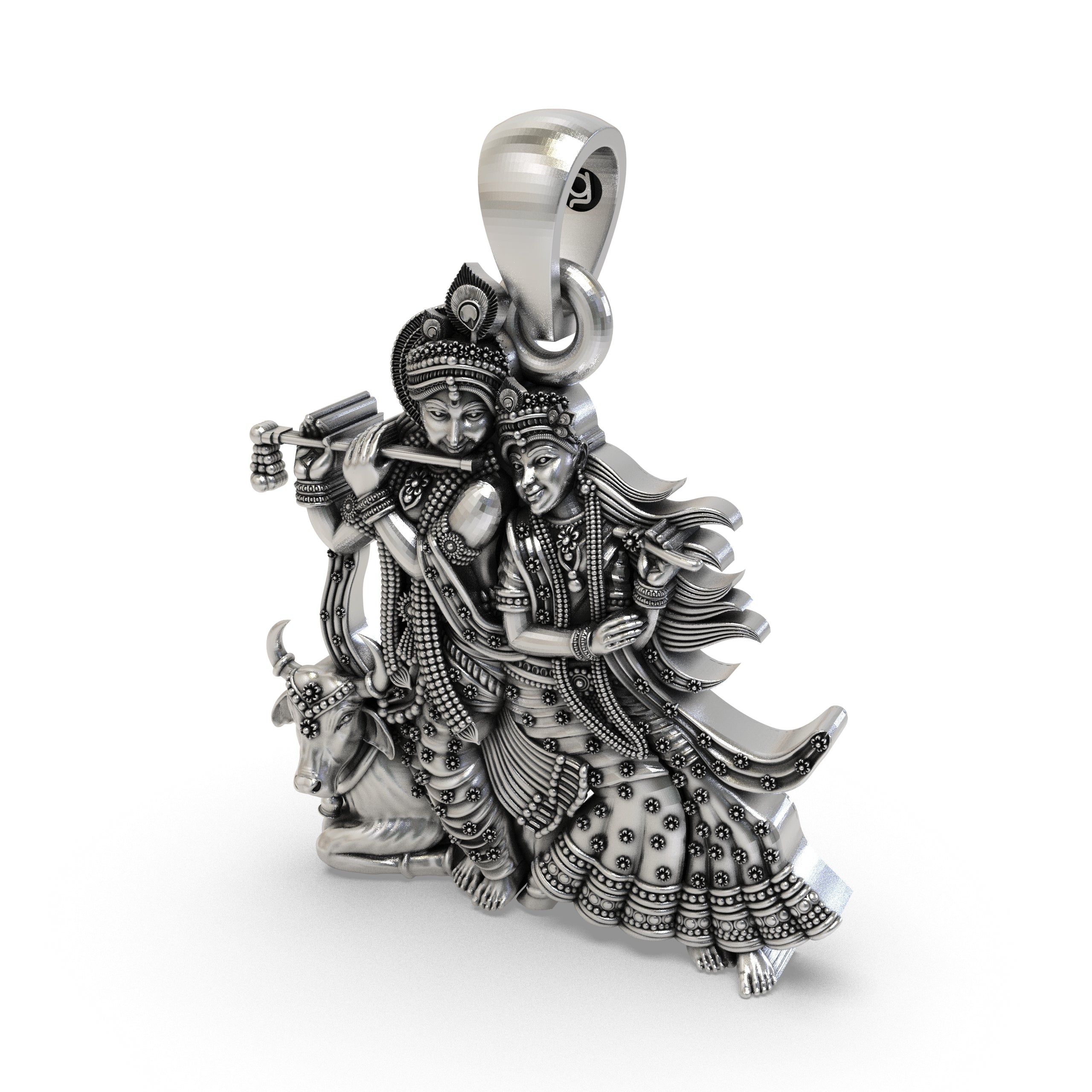 The 925 sterling silver Radha Krishna and Cow pendant with an antique oxidized finish, showing its spiritual design.