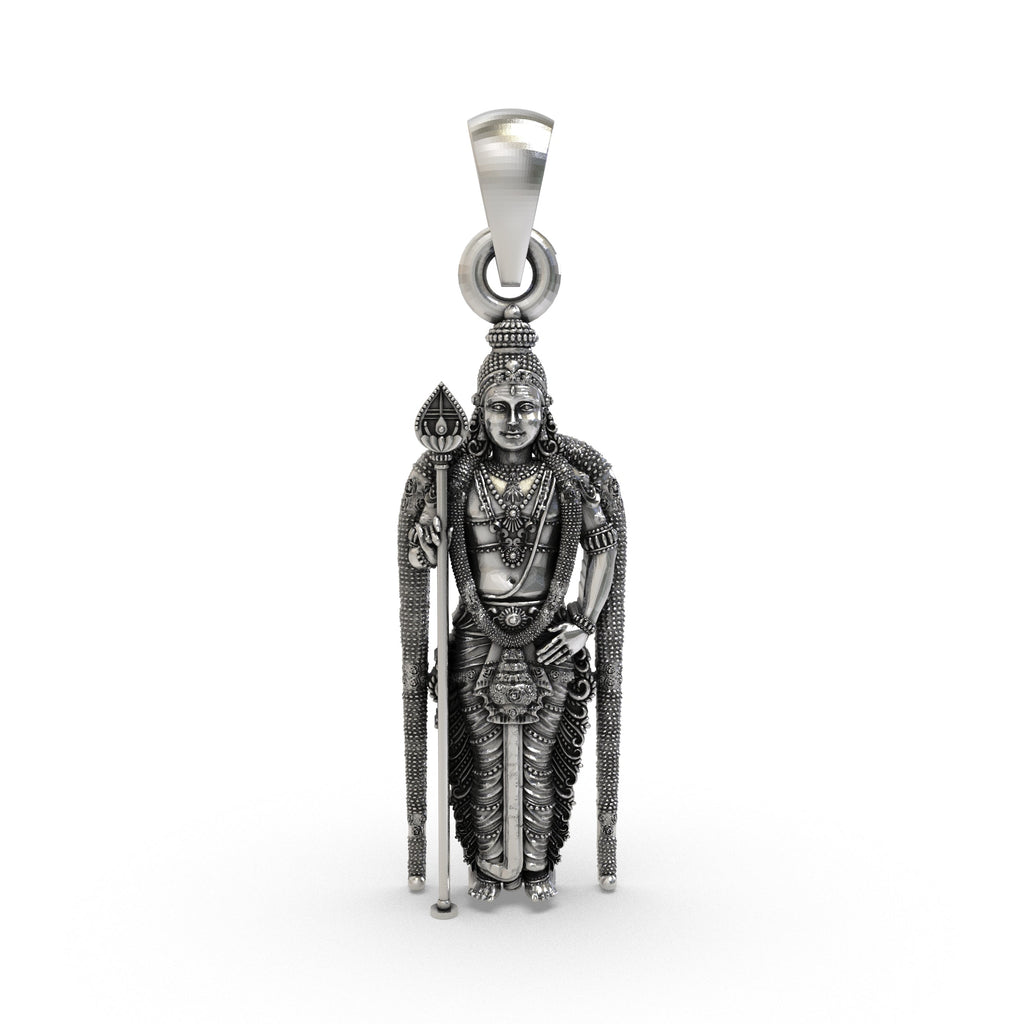 Front view of the 925 sterling silver Murugan pendant showcasing intricate handmade temple jewellery details.