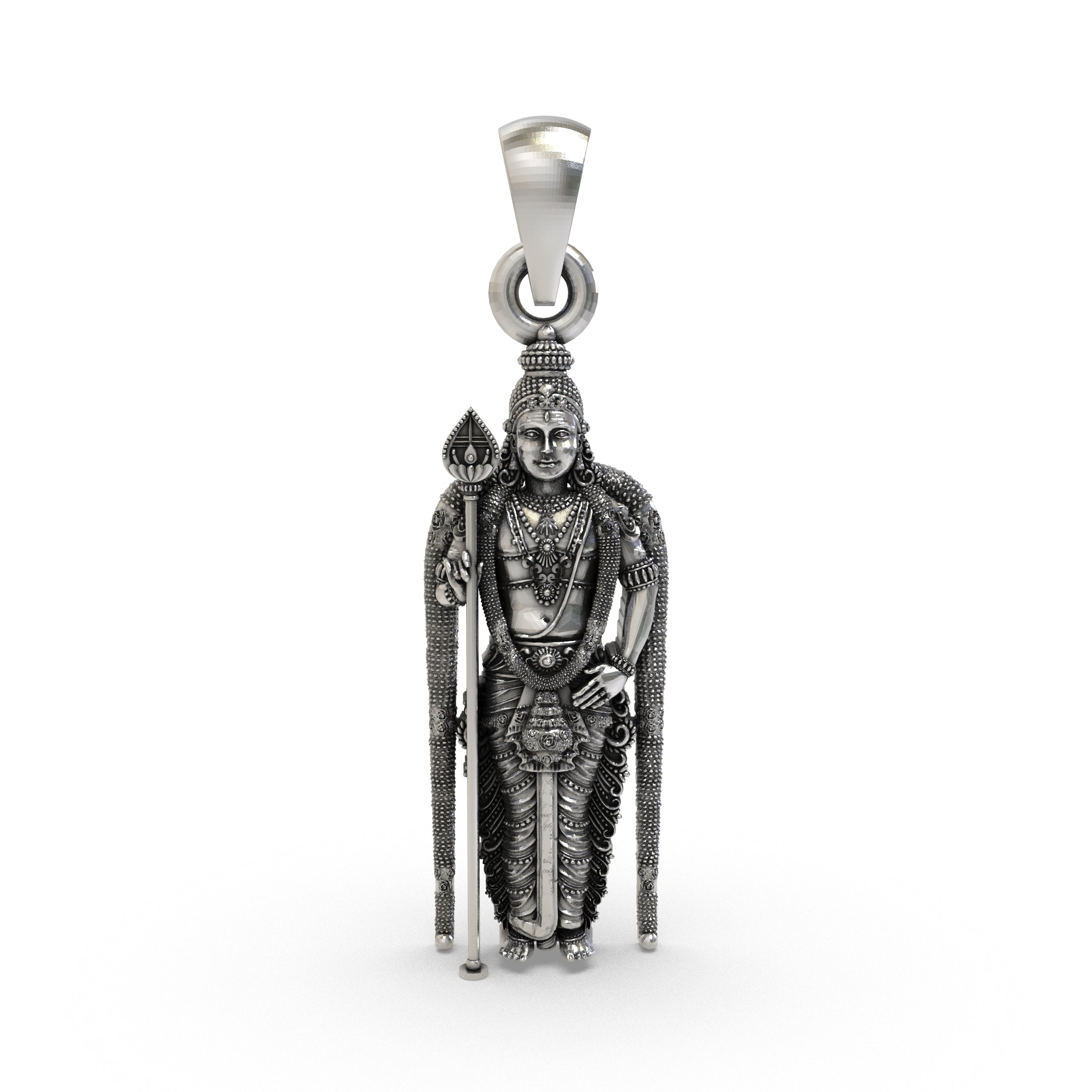 Front view of the 925 sterling silver Murugan pendant showcasing intricate handmade temple jewellery details.