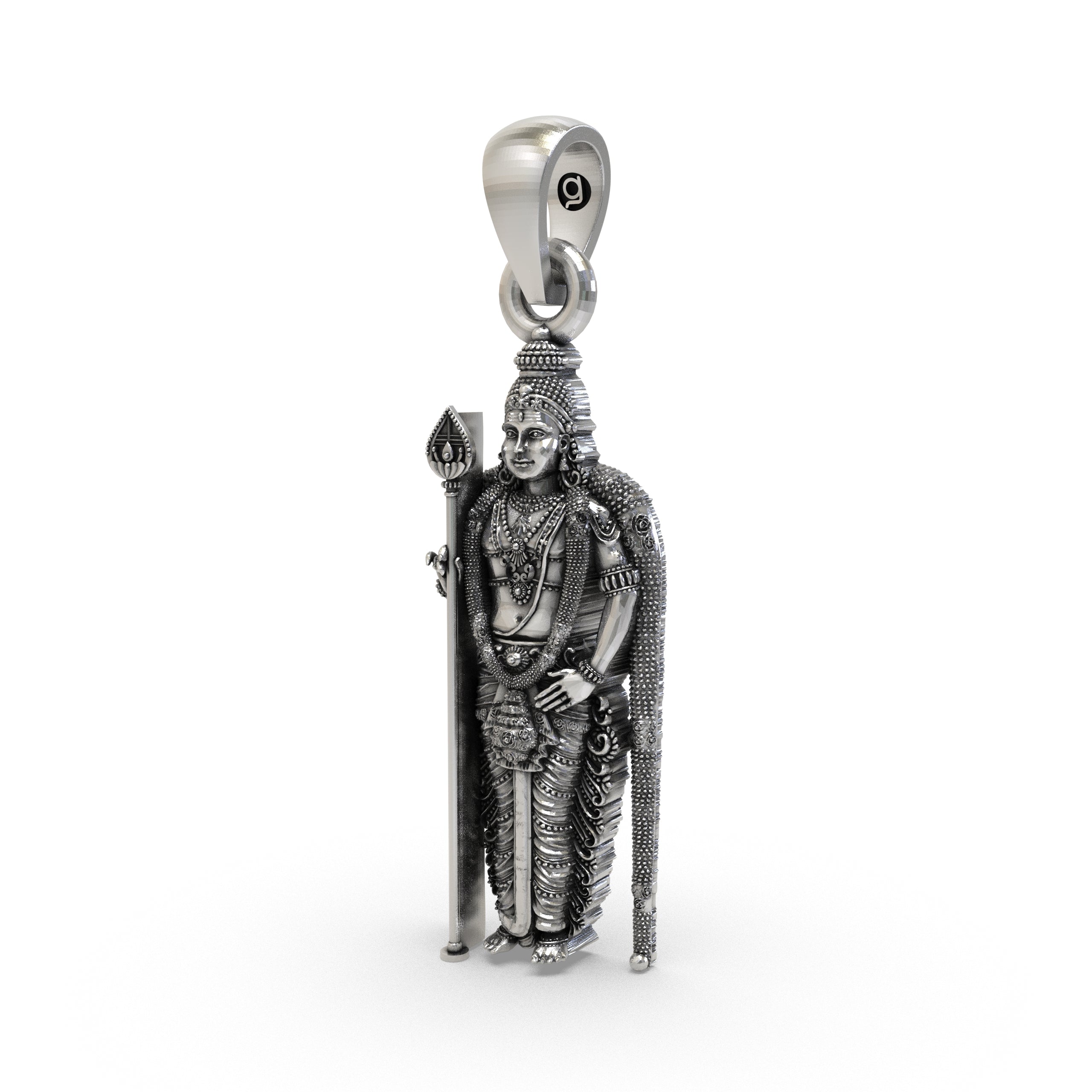 Close-up of the oxidized Kartikeya Subramanya Swamy silver pendant highlighting traditional craftsmanship.