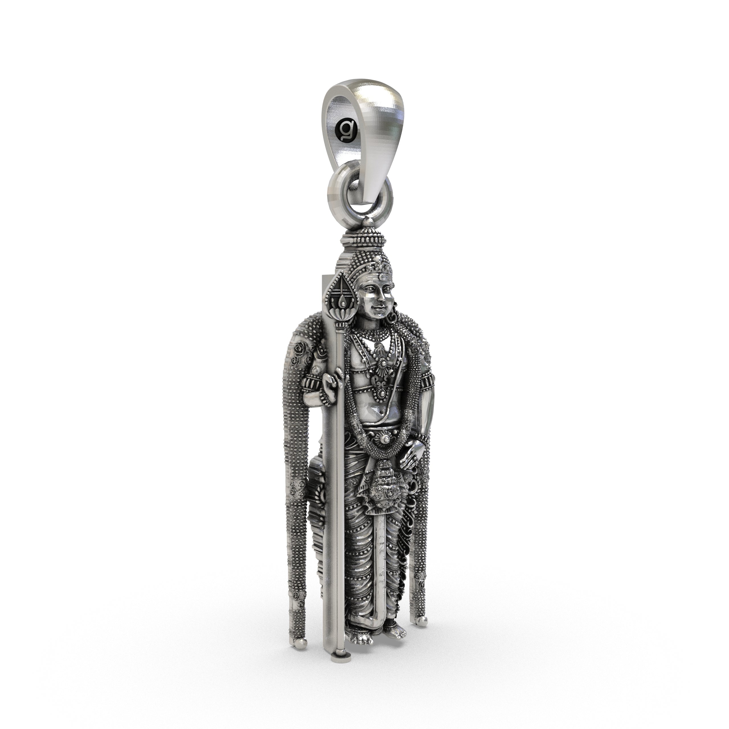 Side profile of the 925 silver Lord Murugan pendant displaying its authentic antique oxidized finish.