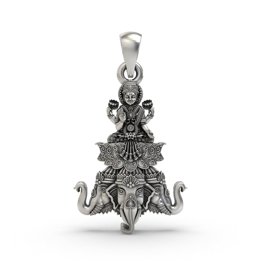 Front view of the handcrafted Lakshmi Maa on Airavata pendant in gleaming 925 sterling silver.