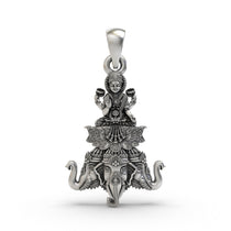 Front view of the handcrafted Lakshmi Maa on Airavata pendant in gleaming 925 sterling silver.