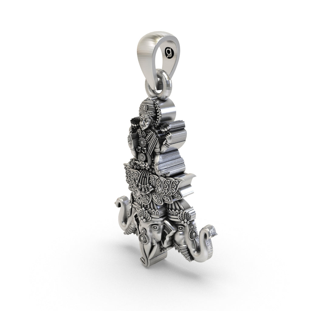 Lakshmi Maa on Airavata pendant in 925 sterling silver shown for size reference against a plain background.
