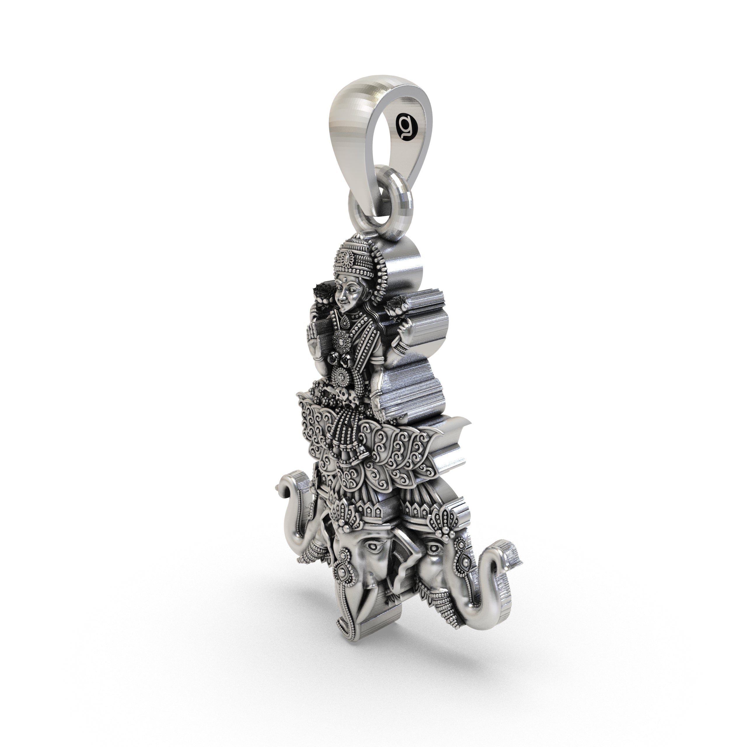 Lakshmi Maa on Airavata pendant in 925 sterling silver shown for size reference against a plain background.
