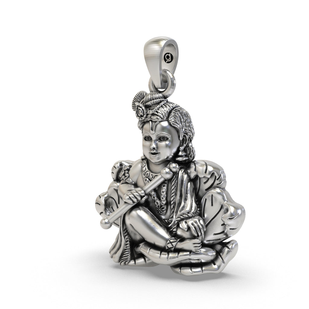 Close-up of the handcrafted Laddu Gopal silver pendant highlighting the Makhan Chor design and finish.