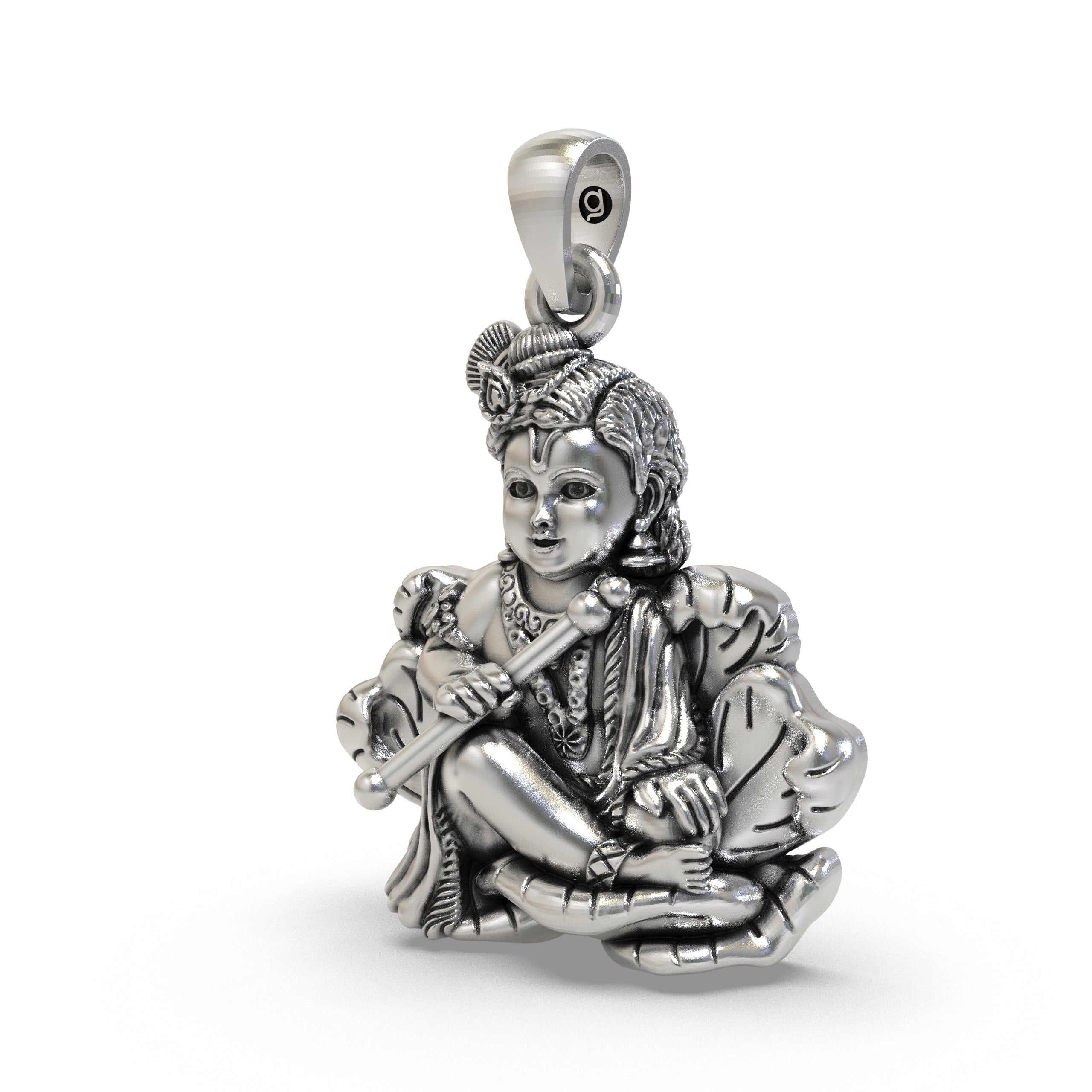 Close-up of the handcrafted Laddu Gopal silver pendant highlighting the Makhan Chor design and finish.