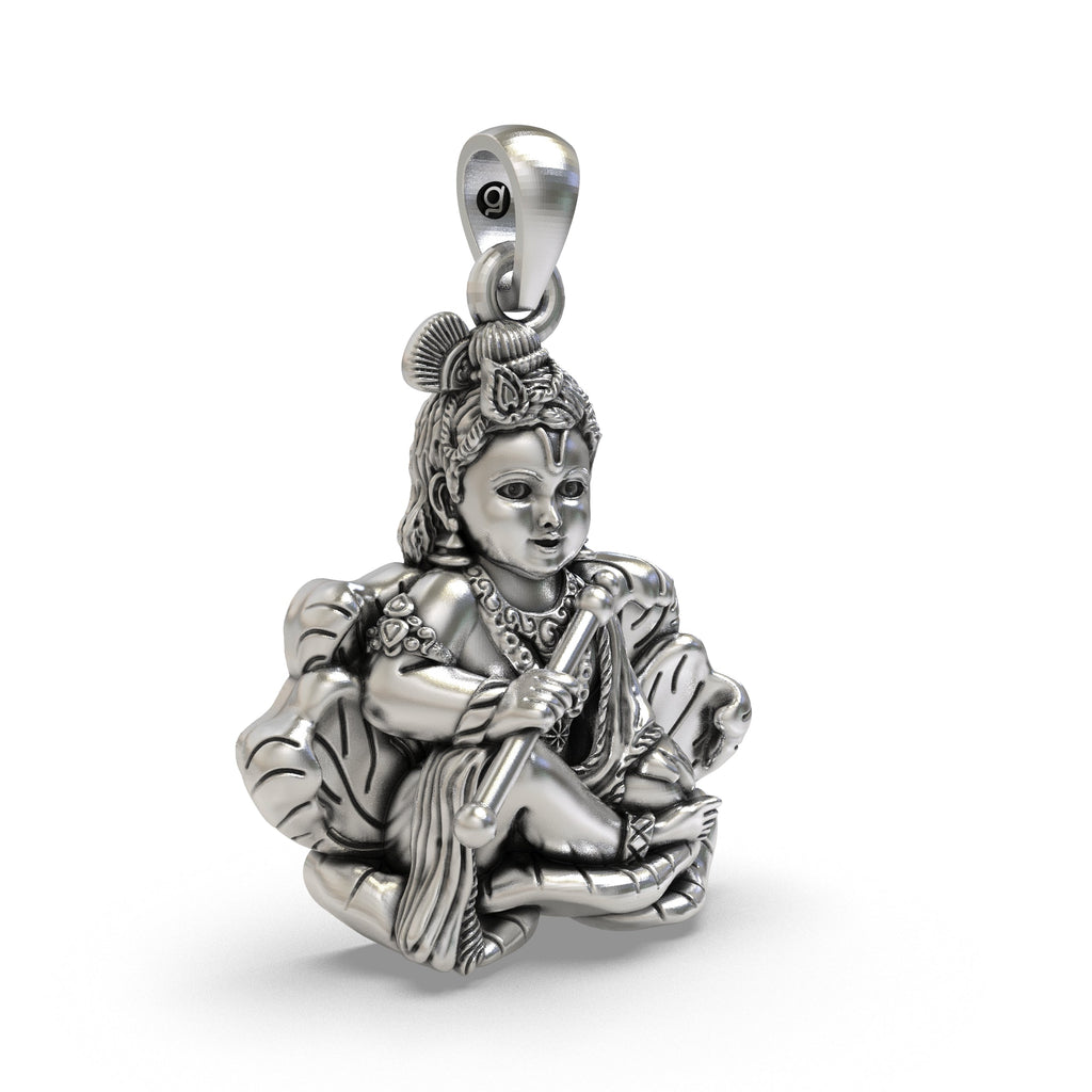 Side profile of the 925 silver baby Krishna pendant showcasing its authentic temple jewelry carving.