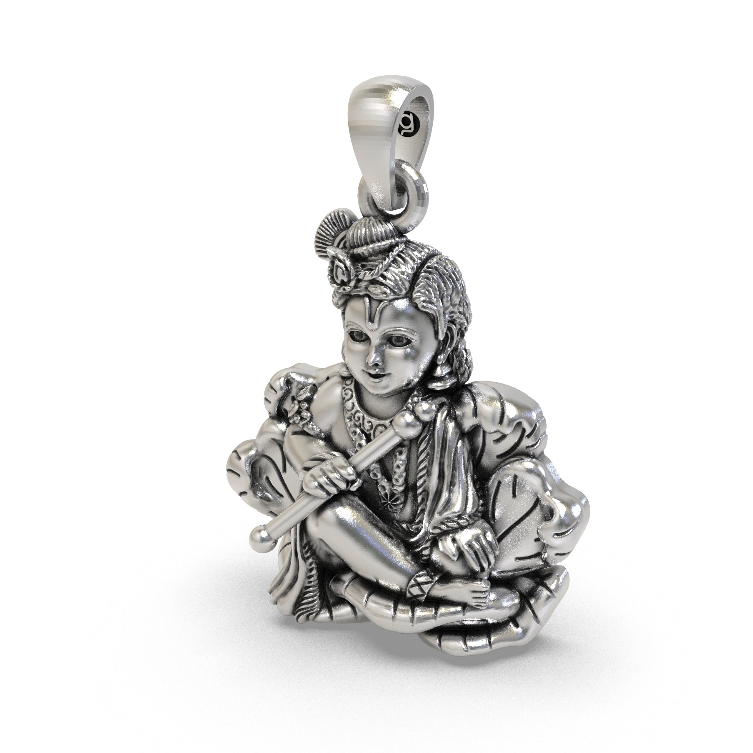 Beautifully detailed 925 sterling silver Bal Krishna spiritual pendant worn as a devotional ornament.
