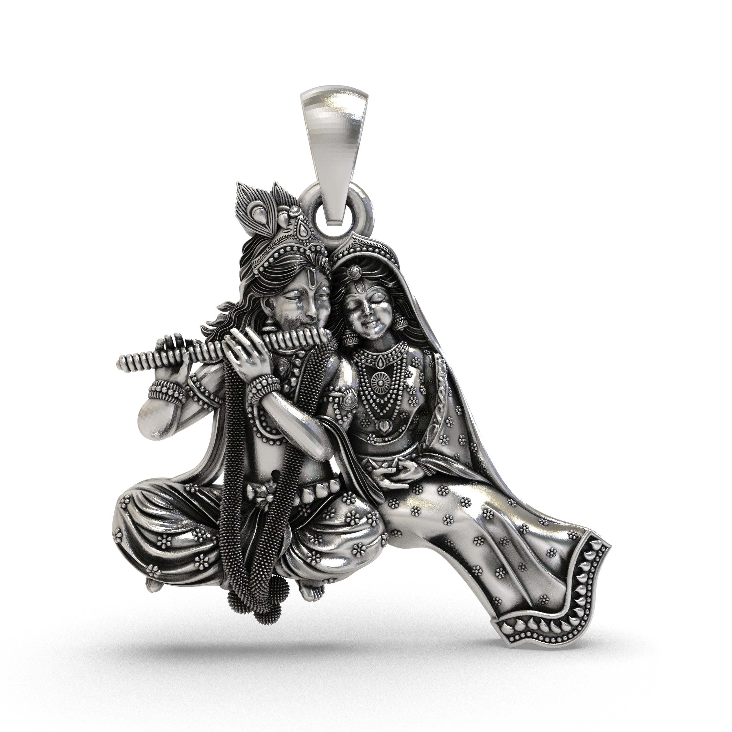 Front view of the handcrafted Radha Krishna silver pendant, showing Lord Krishna playing the flute in 925 sterling silver. Main image