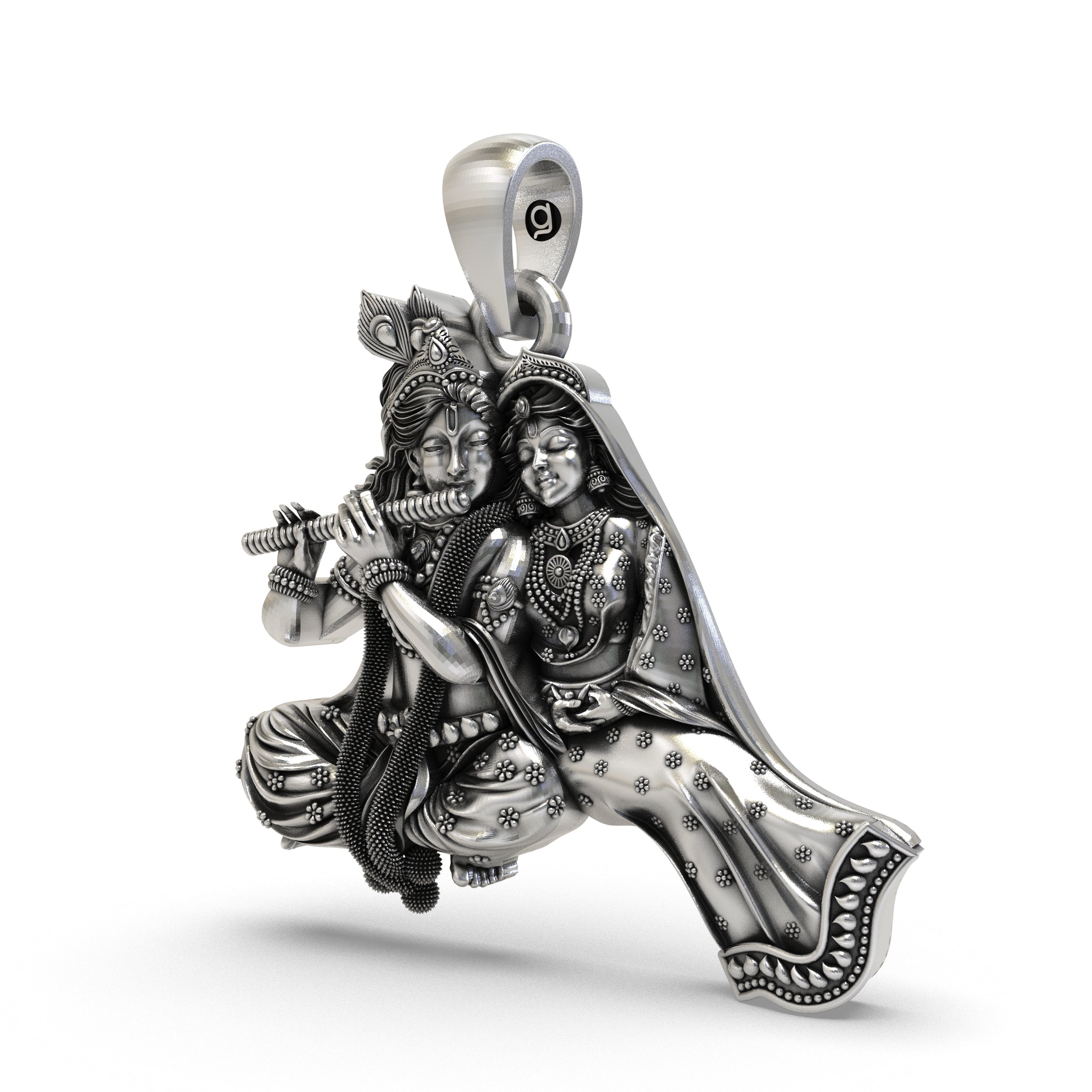 A detailed close-up of the Radha Krishna silver pendant, highlighting the intricate temple-style artistry and craftsmanship.