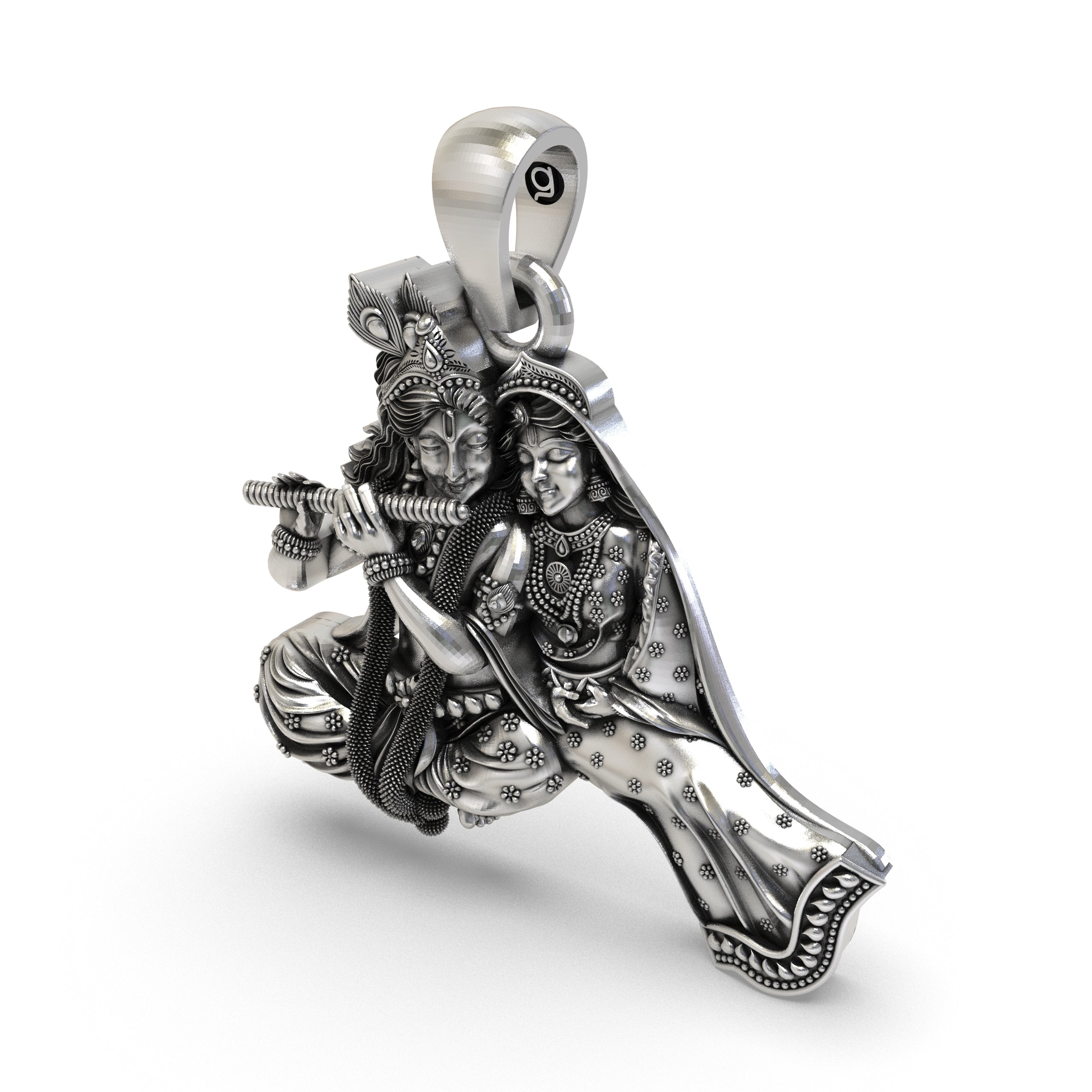 The complete Radha Krishna silver pendant, a divine love symbol handcrafted from solid 925 silver for spiritual wear.