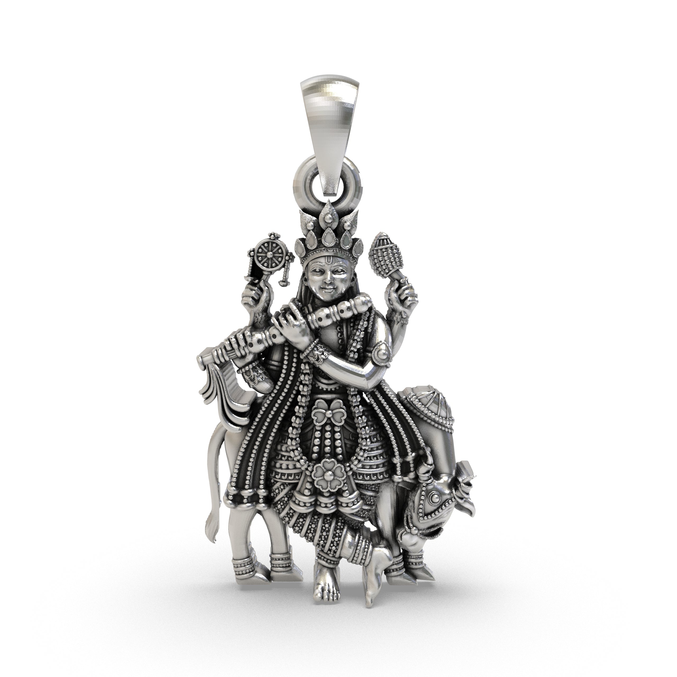 Front view of the handcrafted 925 sterling silver Krishna pendant, showing Krishna with a cow, Shankha, and Chakra.