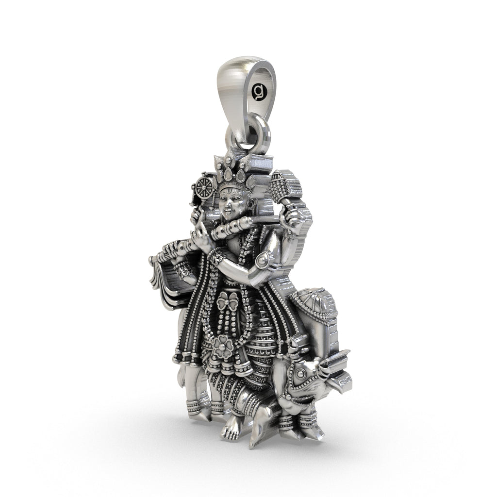 Angled view of the Lord Krishna spiritual pendant in 925 silver, highlighting the intricate temple-style details.